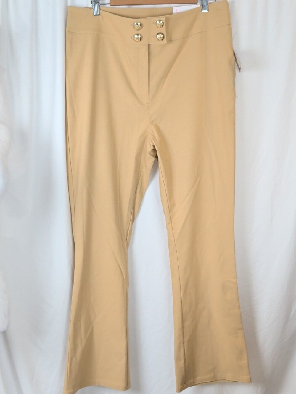 NWT ELLA RAFAELLA Taupe Flare Pants High Rise Gold Crest Buttons Size 16W / EG
